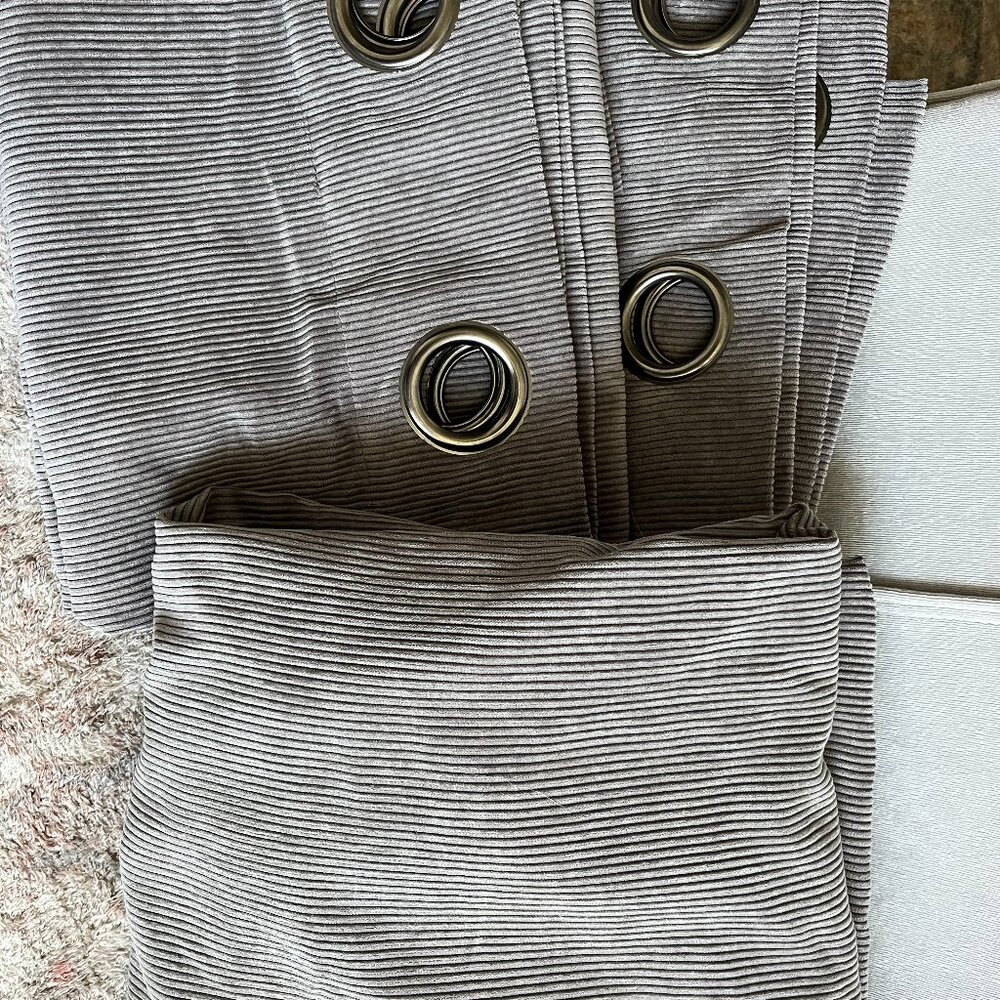 4 grey corduroy curtain panels 63 " long like new